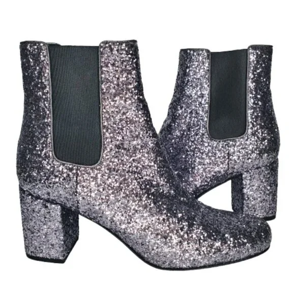 Saint Laurent Metallic Glitter Block Heel Ankle Booties - Picture 6 of 9